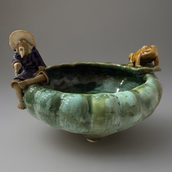 Vintage Majolica Asian Man Fisherman and Frog on Lily Pad Succulent Planter 6” - Picture 1 of 9